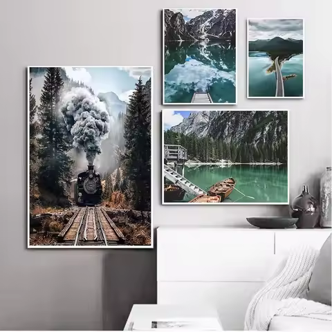 Mountain Lake Print Lago Di Braies Canvas Poster Painting Train Landscape Wall Art Modern Living Roo