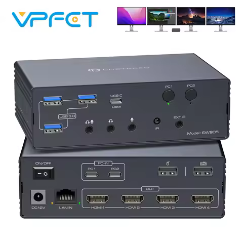 USB C KVM Switch Multi Computer Four Monitor HDMI 4K@60Hz KVM Docking Station Share 4 Monitors USB 3