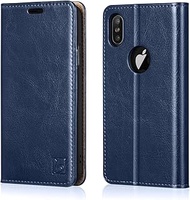 Belemay iPhone X Wallet Case, iPhone 10 Case, [Genuine Cowhide Leather] Flip Cover [RFID Blocking] Card Holder [Soft TPU Shell] Classic Book Folio Protective Folding Case Kickstand Function, Navy Blue