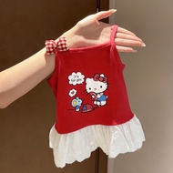 0-4-7 Years Old Baby Girls Sling Vest Tee Sleeveless Red Cartoon T-shirt 3D Printed Lace Tops Sweet