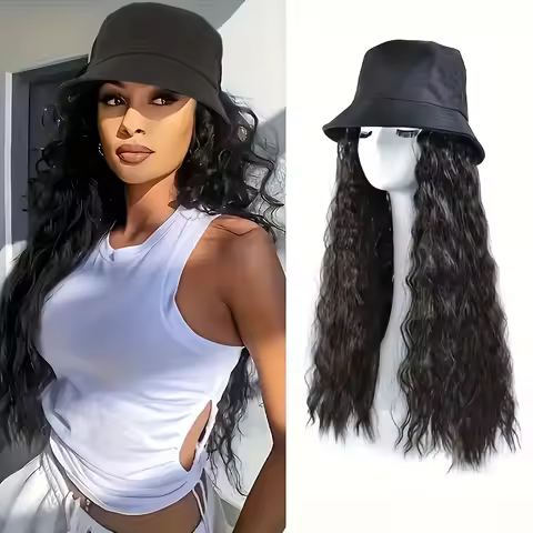bucket hat long curly hair synthetic wig elegant long curly hair melange color wig solid color wig
