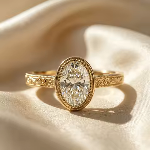 CxsJeremy Oval Cut 2ct Lab Grown Diamond Engagement Ring Solid 14K Au585 Yellow Gold Engraved Floral