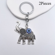 2PCS Turkish Demon Eye Keychain Thai Metal Elephant Blue Eye Pendant Car Key Ring Bag Pendant