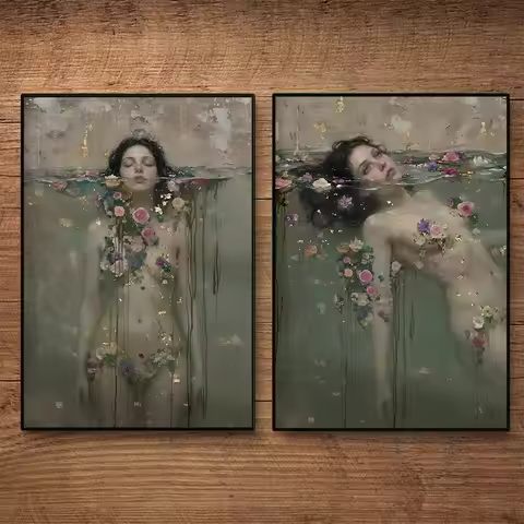 Vintage Dreamy Ophelia Poster Elegant Woman in Water Shakespeare Portrait Canvas Painting Wall Art f