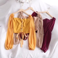 Stylish lace-up bishop sleeve crop top