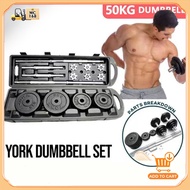 York Cast Iron Dumbbell Barbell Set 20/30/50 Kg W/ Long Bar And Plastic Case Packaging