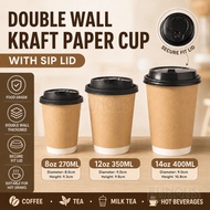 Double Wall Paper Cup with LID Coffee Cup 8oz 12oz 14oz Cawan Kertas Kopi Penutup Tahan Panas双层咖啡纸杯