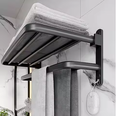 Non Perforated Towel Rack, Bathroom Storage Rack, Wall Mounted Storage, Bathroom Towel Rack, Black B