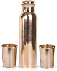 YATSKIA Copper Water Bottle With 2 Water Glasses Handcrafted Copper Drinking Water Bottle - Copper Water Bottle With Cap - Copper Vessel for Sports, Gym, Outdoors, Yoga