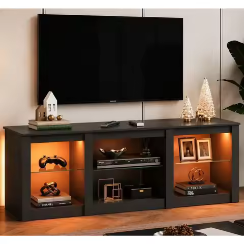 58" Wooden Modern LED TV Console With RGB Lights & Adjustable Glass Shelves Fits 65/70 Inch TV, Cust
