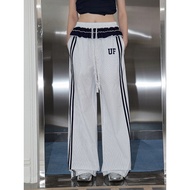 seluar track perempuan plus size seluar track perempuan American Retro Fake Two-Piece Stitching Casu