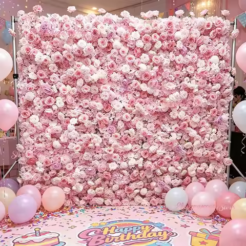 8ft/3.2ft Pink Flower Wall Artificial Silk Rose Backdrop For Wedding Decor Party 5D Floral Wall Roll