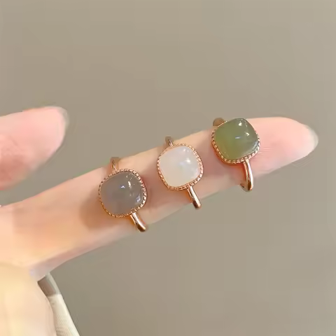 Minimalist Square Sugar Resin Open Ring Faux Jade Adjustable Statement Gift for Women Girls Birthday