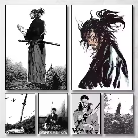 Vintage Japanese Anime Wall Art Miyamoto Musashi Vagabond Bushido Warrior Poster Canvas - Perfect Ho