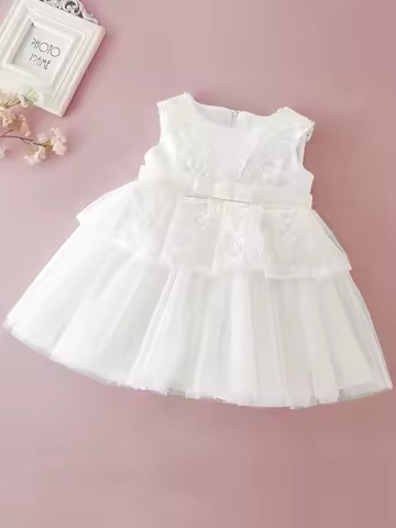 Baby Girl White Bow Mesh Dress 0-2 Years Old Baptism Dress Yarn Dress