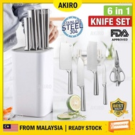 AKIRO 6pcs 304 Stainless Steel Knives + Kitchen Knife Block Holder Kitchen Tools Utensil Cutting Kni