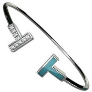 TIFFANY & Co. 鑽石和綠松石手鍊，T-Wire，18K 白金，8.8 克，17 厘米，女士