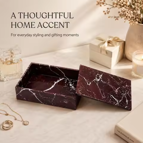 Luxury Purple Red Marble Storage Box, Rectangular & Round Natural Stone Organizer for Q-tips Makeup 