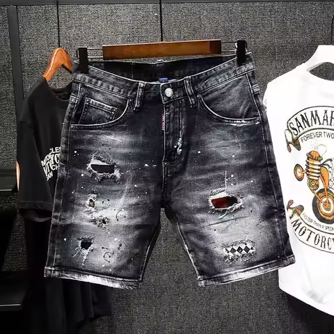 Luxury Brand Designer Clothes Men's Casual Denim Knee-Length Shorts Summer 2024 Fashion Black Patche