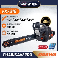 OGAWA PRO VX7318 Gasoline Chain Saw with 18"/20"/22"/24" Guide Bar 2-Stroke ChainSaw Heavy Duty (Black)