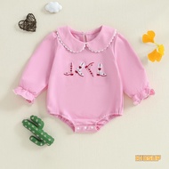 KIDSUP-Baby Girl Romper Long Sleeve Doll Collar Cowgirl Boots Embroidery Bodysuit Fall Outfit