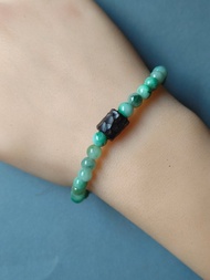 天然緬甸綠飄花翡翠圓珠 檀木珠手串手鍊