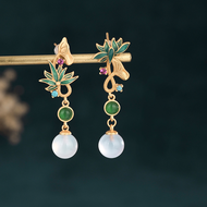 Her Lab Jewelry | 24K Vàng-Mạ Ngọc Bảo Bông Tai Cho Phụ Nữ Cloisonne ngọc bích tự nhiên Bông Tai Thờ