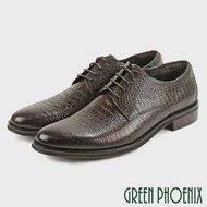 【GREEN PHOENIX】男 紳士皮鞋 商務皮鞋 德比鞋 鱷魚紋 壓花 綁帶 全真皮 EU40 咖啡色
