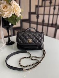 98新Chanel Mini Business Affinity Bag 黑色淡金扣牛皮迷你郵差包 荔技皮🈶️好價🔥