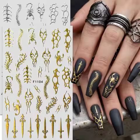 2Pcs Metallic Gold Silver Gothic Nail Stickers Set, Cyberpunk Y2K Dark Style Sword Scorpion Spine Na