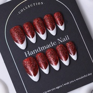 Handmade Almond Shaped Nail Stickers In Red French Y2K Style & Hand Painted Glittering White French 