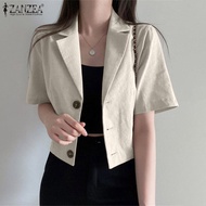 Fancystyle ZANZEA เสื้อสูทผ้าฝ้ายแขนสั้นสตรีเสื้อทำงานเสื้อโค้ททรงหลวมลำลองสไตล์เกาหลีจำหน่ายโดย