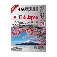 3HK日本10日4G 10GB之後降速無限上網卡電話卡SIM卡data