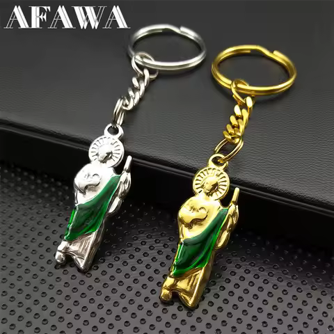 Catholic San Judas Key Chain for Women Men Stainless Steel Gold Color Religious Saint Jude Key Ring 