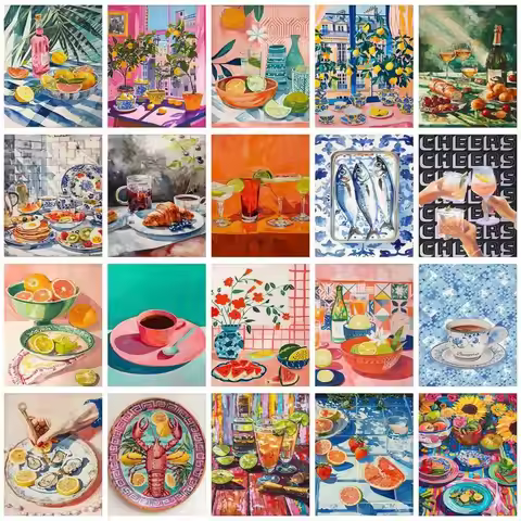 CHENISTORY Painting By Number Food Landscape Kits Handpainted Picture By Number Drawing On Canvas Ho