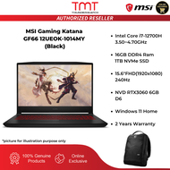 MSI Gaming Katana GF66 12UEOK-1014MY Gaming Laptop (Black) | i7-12700H | 16GB RAM 1TB SSD | 15.6"FHD 240Hz | NVD RTX3060 | KB Single Zone RGB | W11 | 2Y Warranty