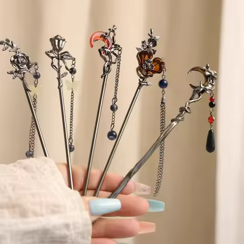 Neo Chinese Style Hairpin Light Luxury Metal Rose Moon Butterfly Element Hair Stick For Women Hanfu 
