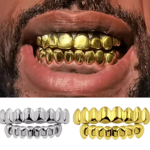 Glossy Finish Teeth Grillz Top Bottom Set Anti Slip Eco-friendly Copper Teeth Grillz Caps Gold Silve