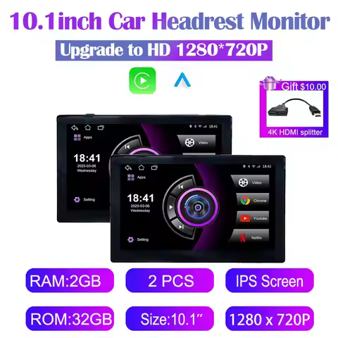 10.1" HD 1280*720P Car Headrest Monitor Tablet For Back Seat Multimedia Apple Carplay Android 12 Amb