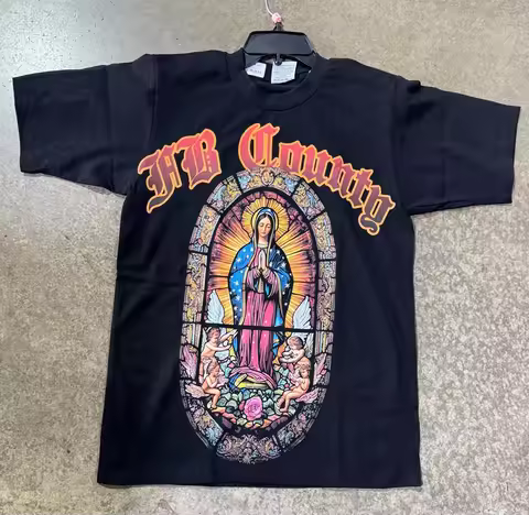 FB County T Shirt with print black Stain Glass Virgin Guadelupe Heavy Hard Tee