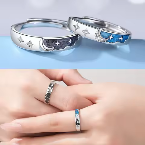European Enamel AAA CZ Star and Moon Couple Adjuatble Ring For Women Men Birthday Valentine's Day Je