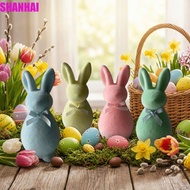 SHANHAI Easter Bunny Statue, Plush with Bow Flocked Rabbit Figures, Handmade 3D Standing Solid Color