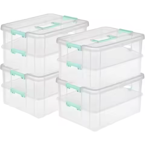 4-Pack Stack & Carry, 2 Layer Handle Box or Home & Oice Storage - Clear Base & Lid with Color es, Or