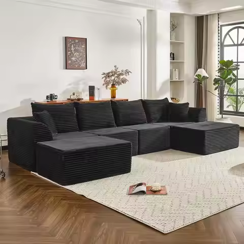 U-Shaped 6-Seater Extra Deep Sectional Sofa with Ottomans, High-Density Foam, Corduroy Cloud Comfort