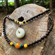 檀木老礦蜜蠟南紅瑪瑙猛獁平安扣三圈手串