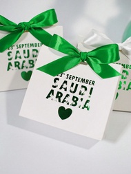 5pcs Saudi Arabia National Day Gift Box, White Square Paper Favor Box With Green "23rd September Sau
