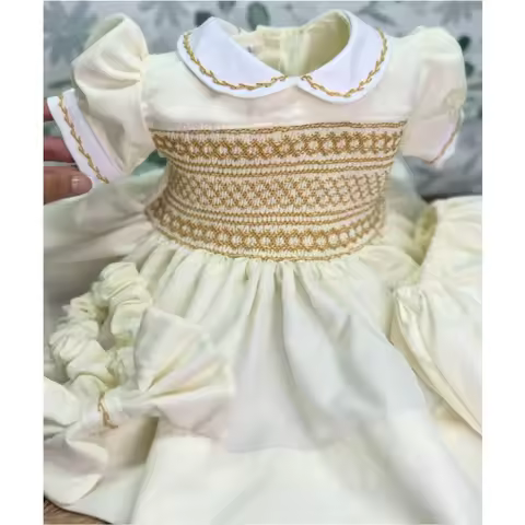 0-12Y Baby Girl Summer Handmade Embroider Smocked Beige Dress for Birthday Holiday Easter Photograph