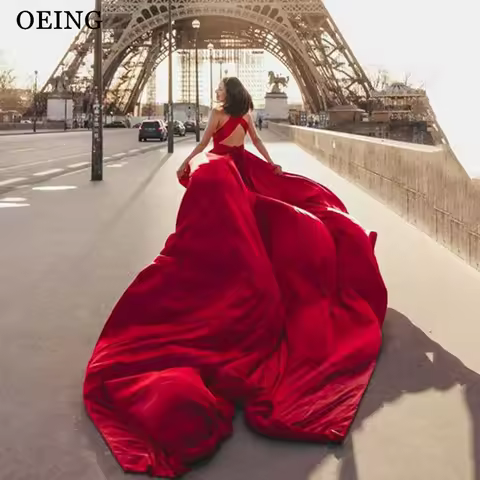 OEING Red A-Line Prom Dress Elegant V Neck Celebrity Evening Dresses Wedding Party Gown Long Train V