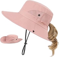Kids Sun Hat with Ponytail Hole UV Protection Wide Brim Summer Beach Bucket Cap Fishing Hat for Girls Pure Pink