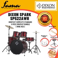 [FAMA]Dixon Spark SP522AWR Drum Set Complete Standard 5 Piece Drum Kit Bundle (Wine Red)